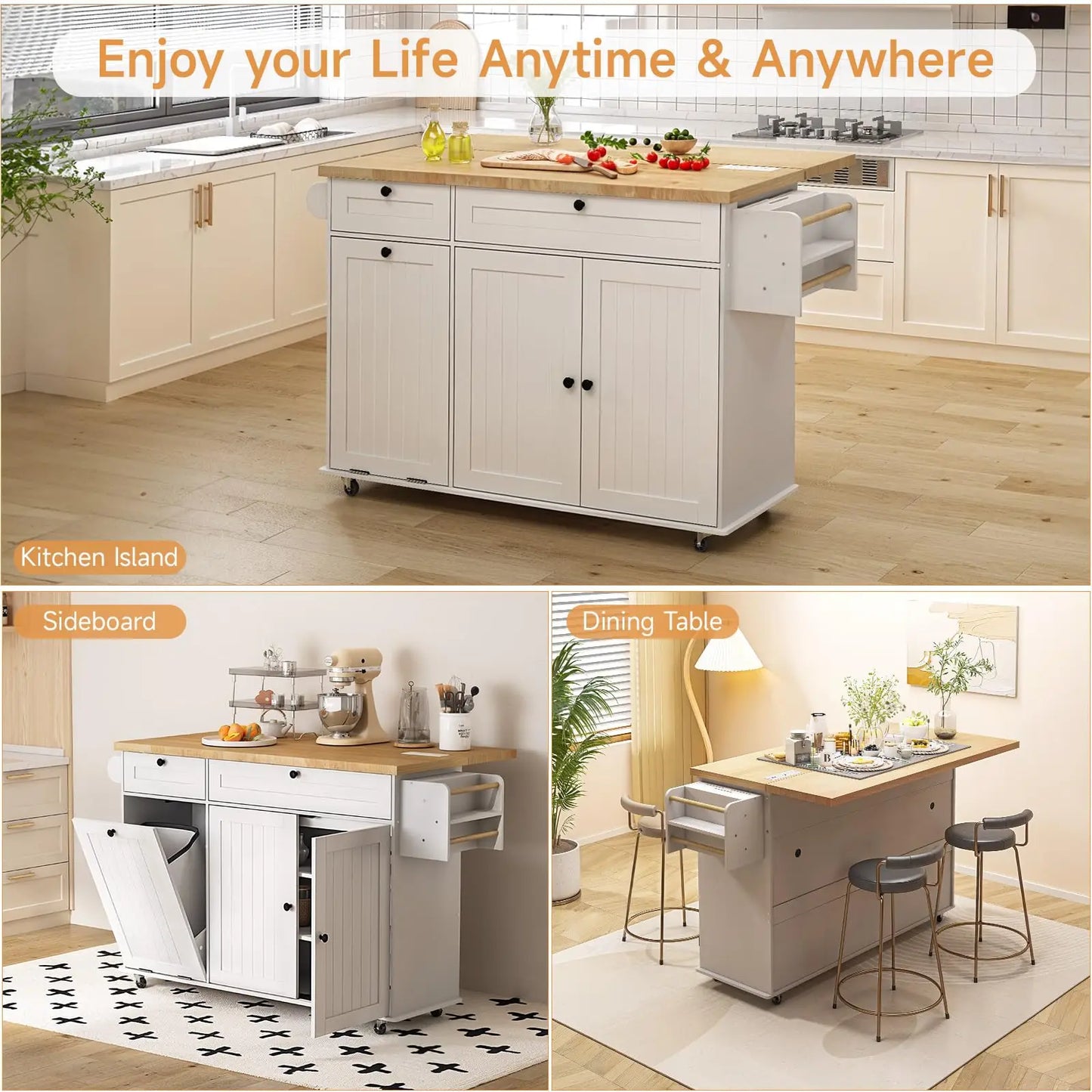 60" Mobile Kitchen Island Drop Leaf