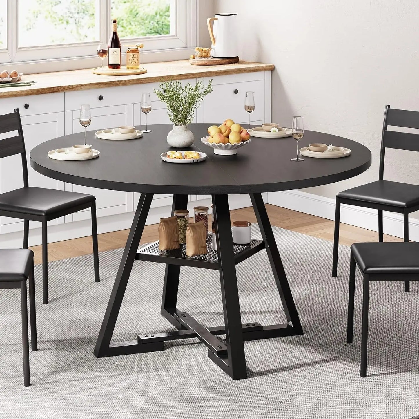 42-Inch Round Dining Table, Storage Shelf, Black
