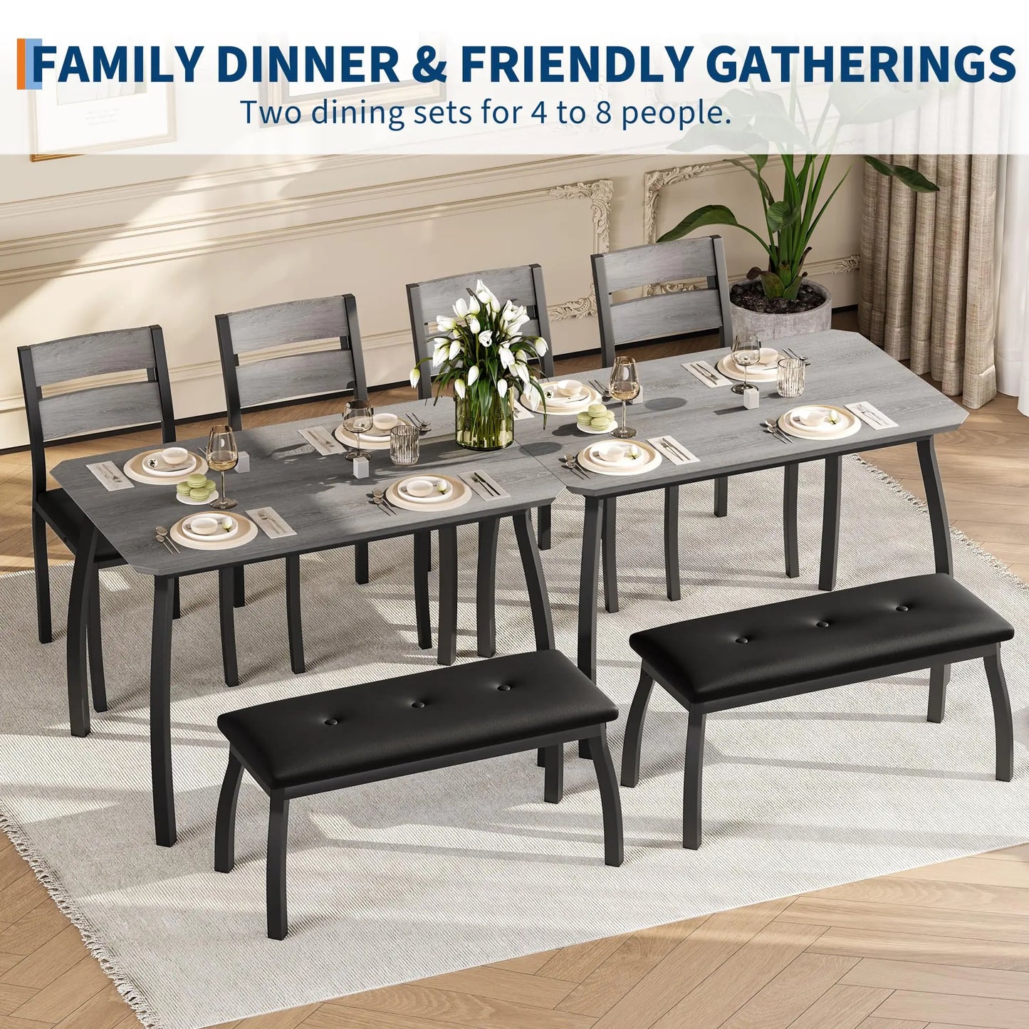 Dining Table, Upholstered Bench, 2 Chairs