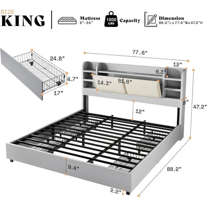 King Upholstered Bed Frame, Headboard, 4 Drawers