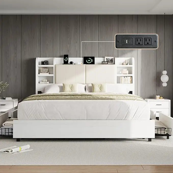 King Upholstered Bed Frame, Headboard, 4 Drawers