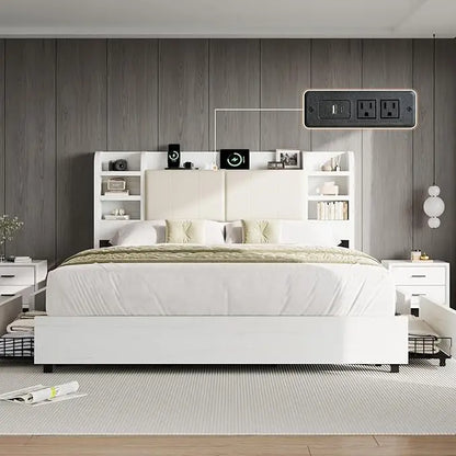 King Upholstered Bed Frame, Headboard, 4 Drawers