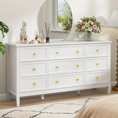9 Drawer White Dresser with Gold Handle