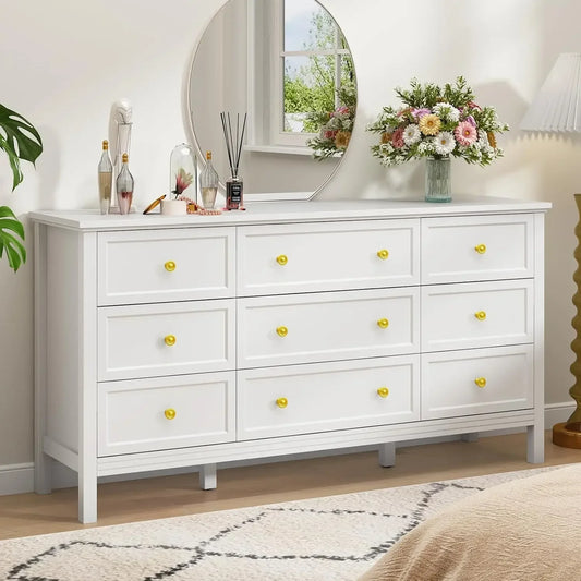 9 Drawer White Dresser with Gold Handle