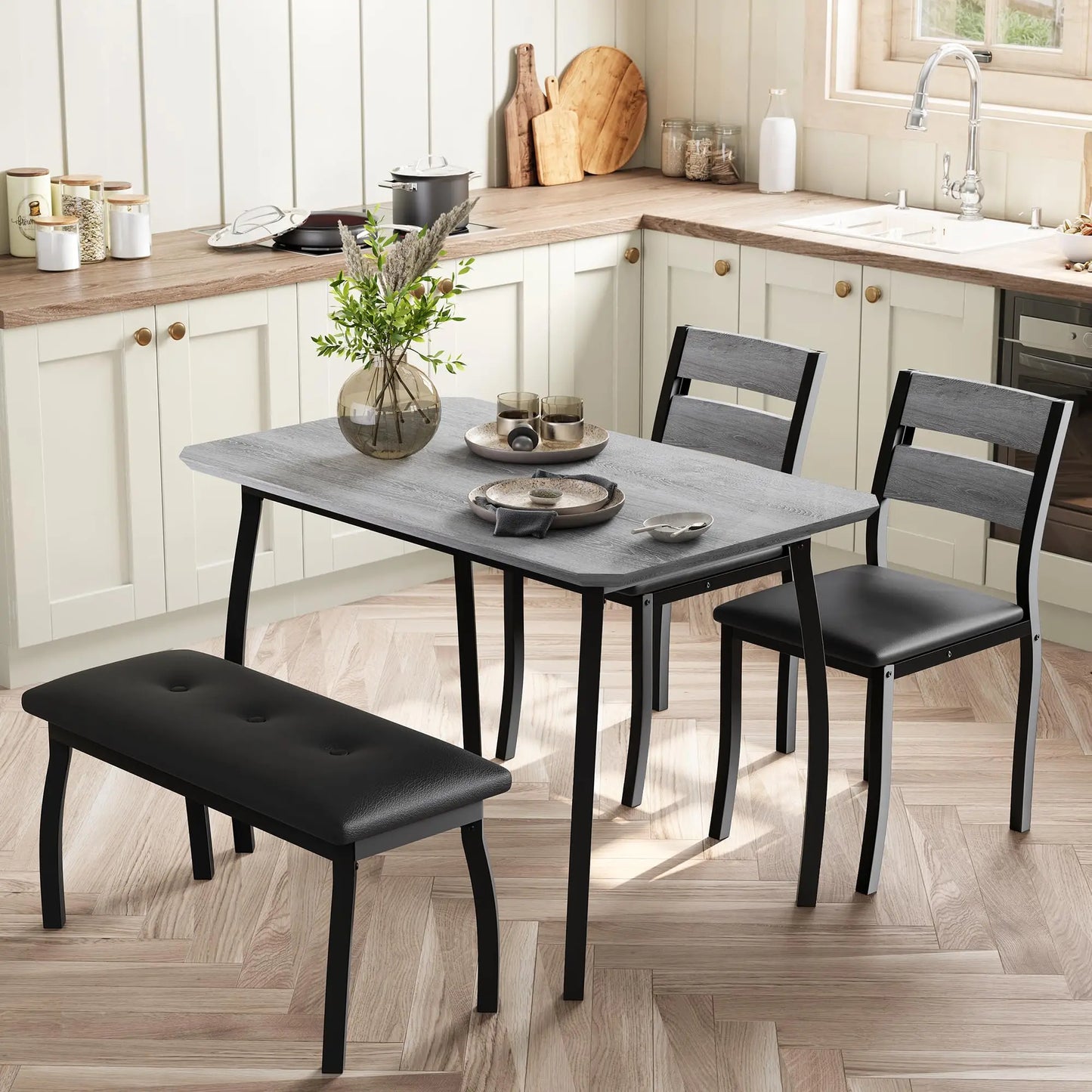 Dining Table, Upholstered Bench, 2 Chairs