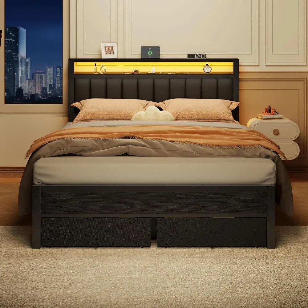 Bed Frame, Upholstered Headboard, Drawers