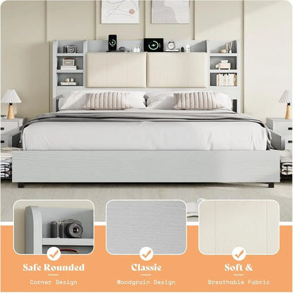 King Upholstered Bed Frame, Headboard, 4 Drawers
