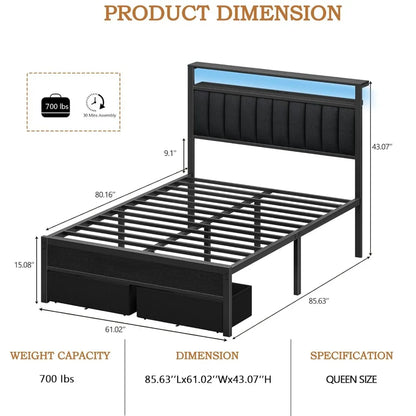 Bed Frame, Upholstered Headboard, Drawers