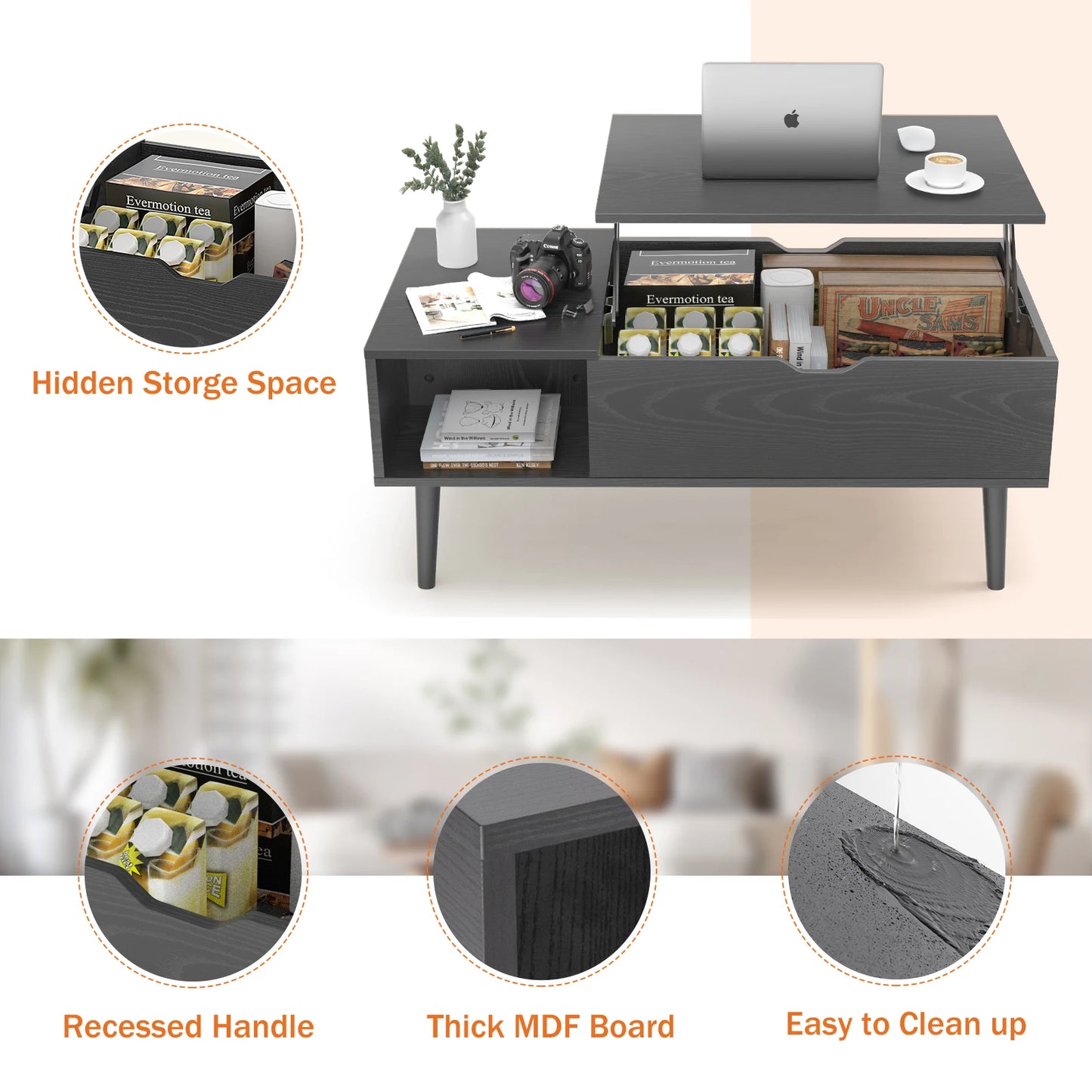 Easy Lift Top Coffee Table, Shelf