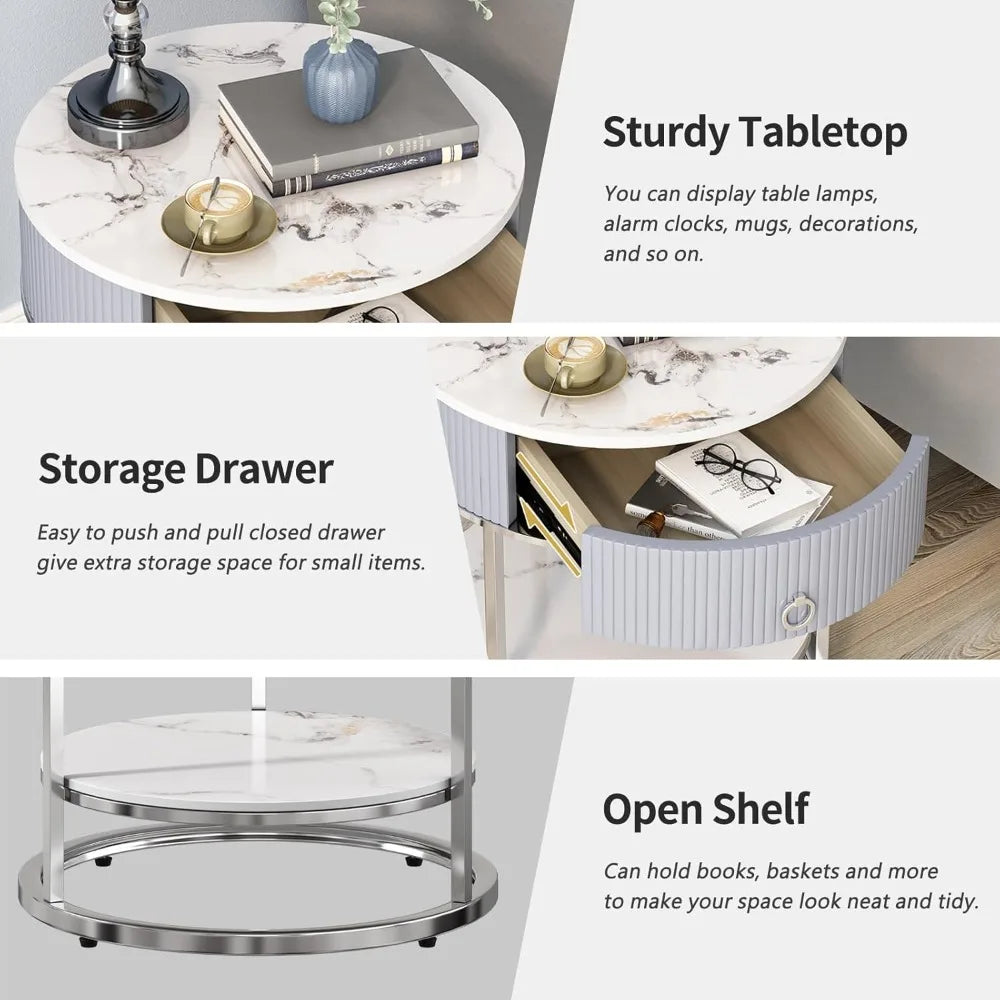 End Table/Nightstand with Drawer, Stone Tabletop