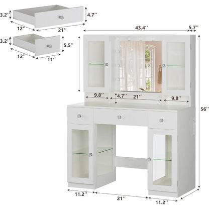 Vanity Desk, Mirror, Lights, Glass Top
