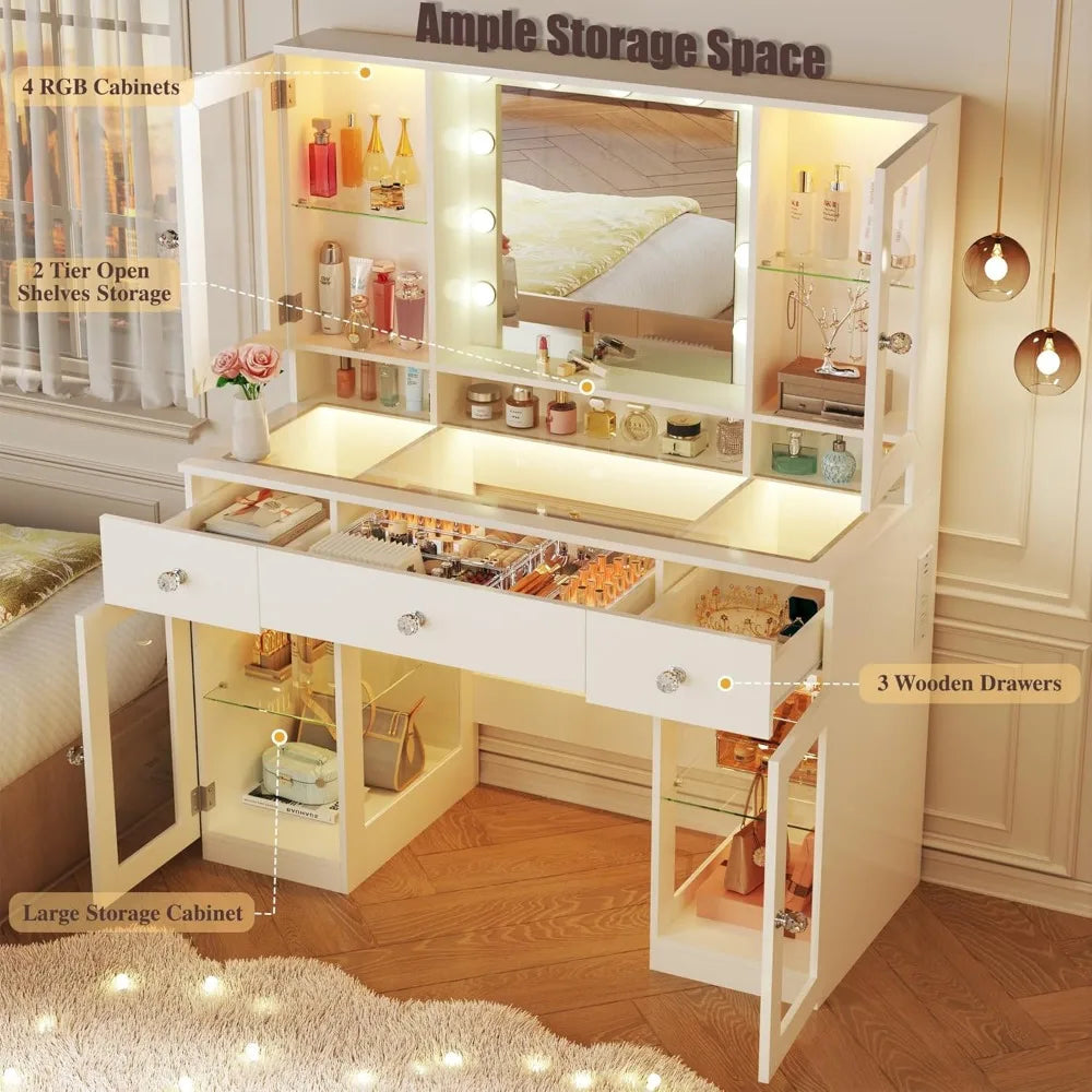 Vanity Desk, Mirror, Lights, Glass Top