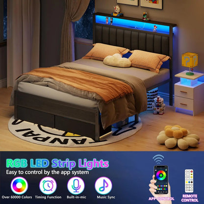 Bed Frame, Upholstered Headboard, Drawers