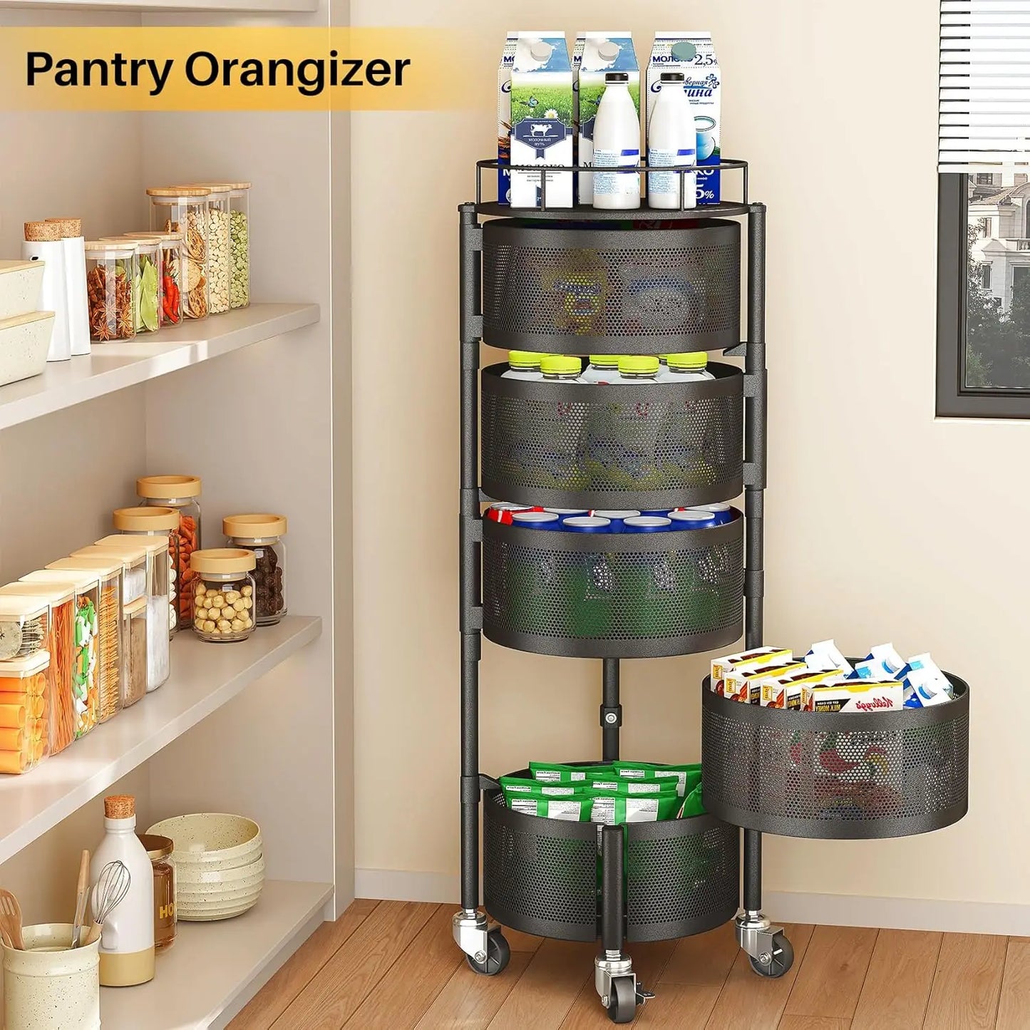 5-Tier Rotating Kitchen Storage Rack with Wheels