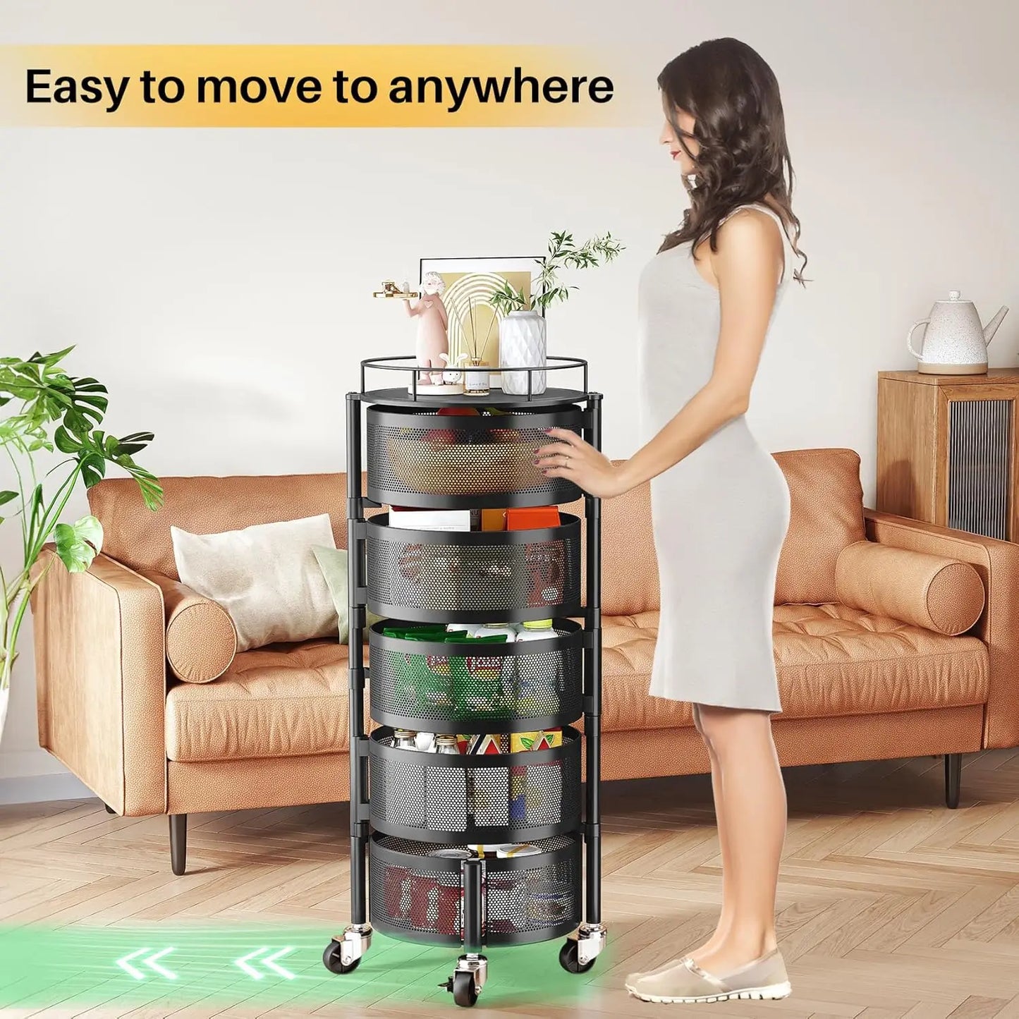 5-Tier Rotating Kitchen Storage Rack with Wheels