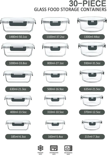 30-Piece Glass Food Storage Set, Lids