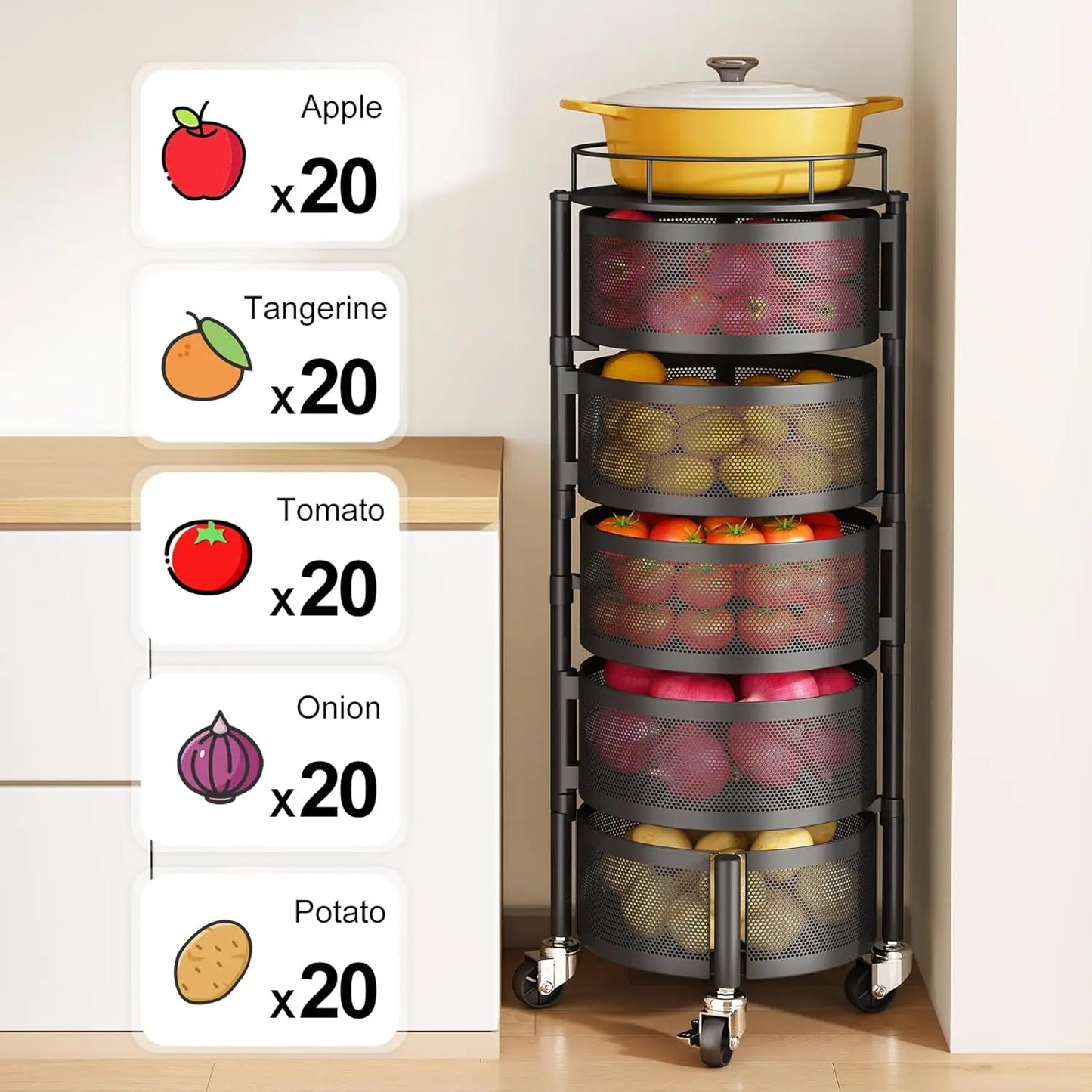 5-Tier Rotating Kitchen Storage Rack with Wheels