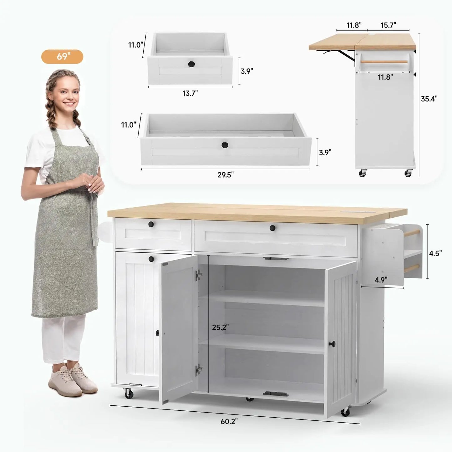 60" Mobile Kitchen Island Drop Leaf