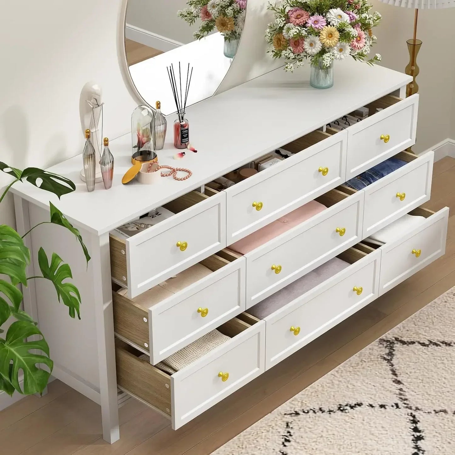 9 Drawer White Dresser with Gold Handle