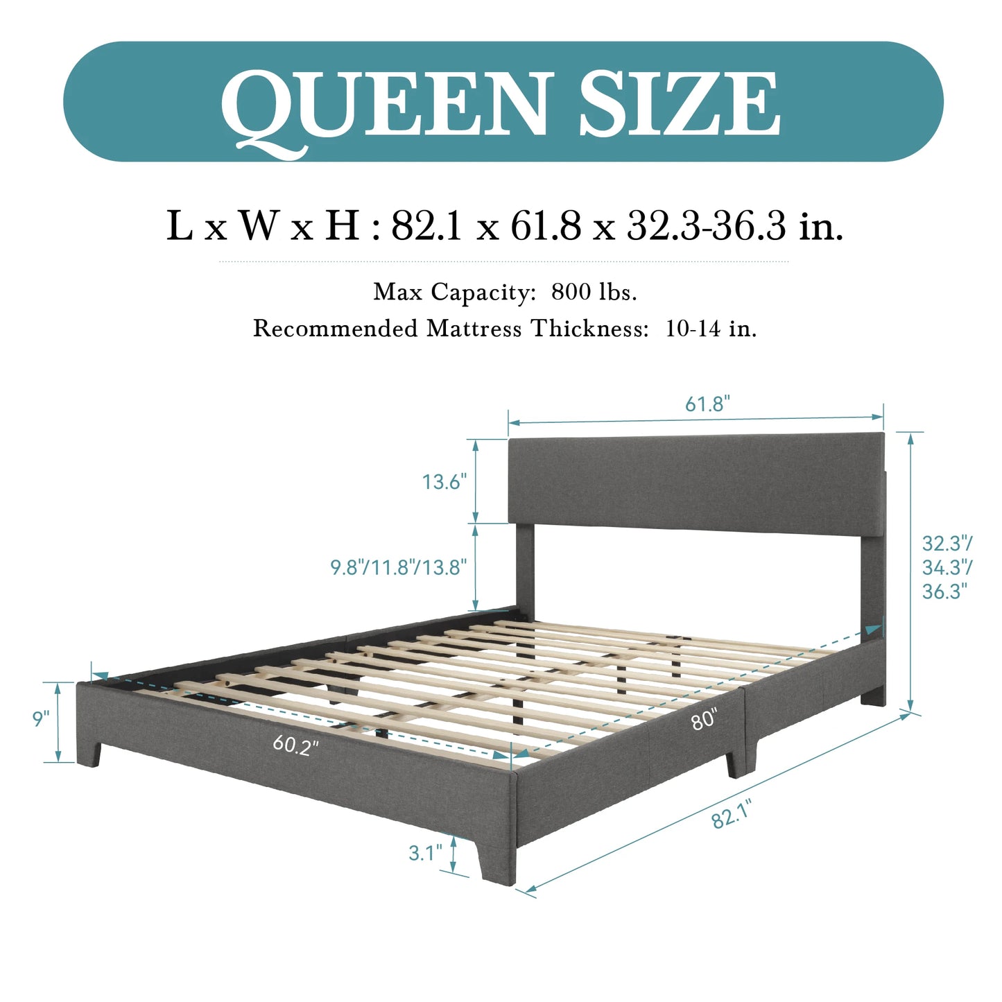Upholstered Bed Frame, Adjustable Headboard