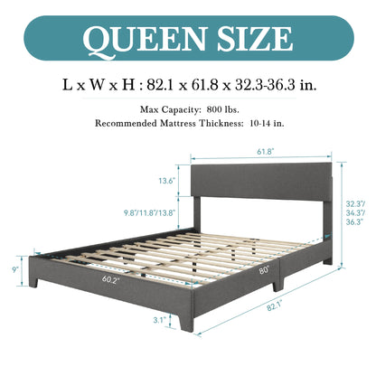 Upholstered Bed Frame, Adjustable Headboard