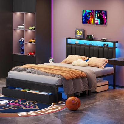 Bed Frame, Upholstered Headboard, Drawers