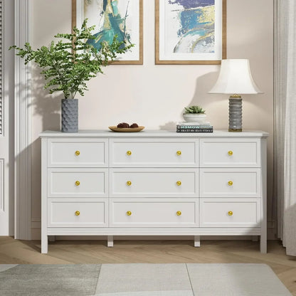 9 Drawer White Dresser with Gold Handle