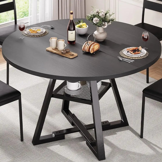 42-Inch Round Dining Table, Storage Shelf, Black
