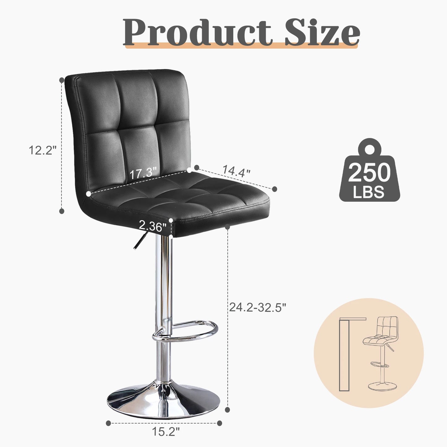 Set of 2 Upholstered Counter Height Bar Stools,