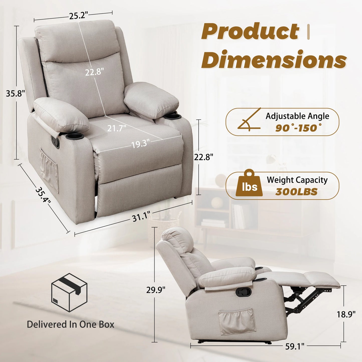 Manual Recliner, Cup Holders, Pockets