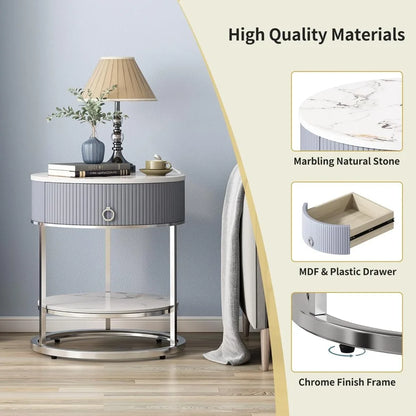 End Table/Nightstand with Drawer, Stone Tabletop