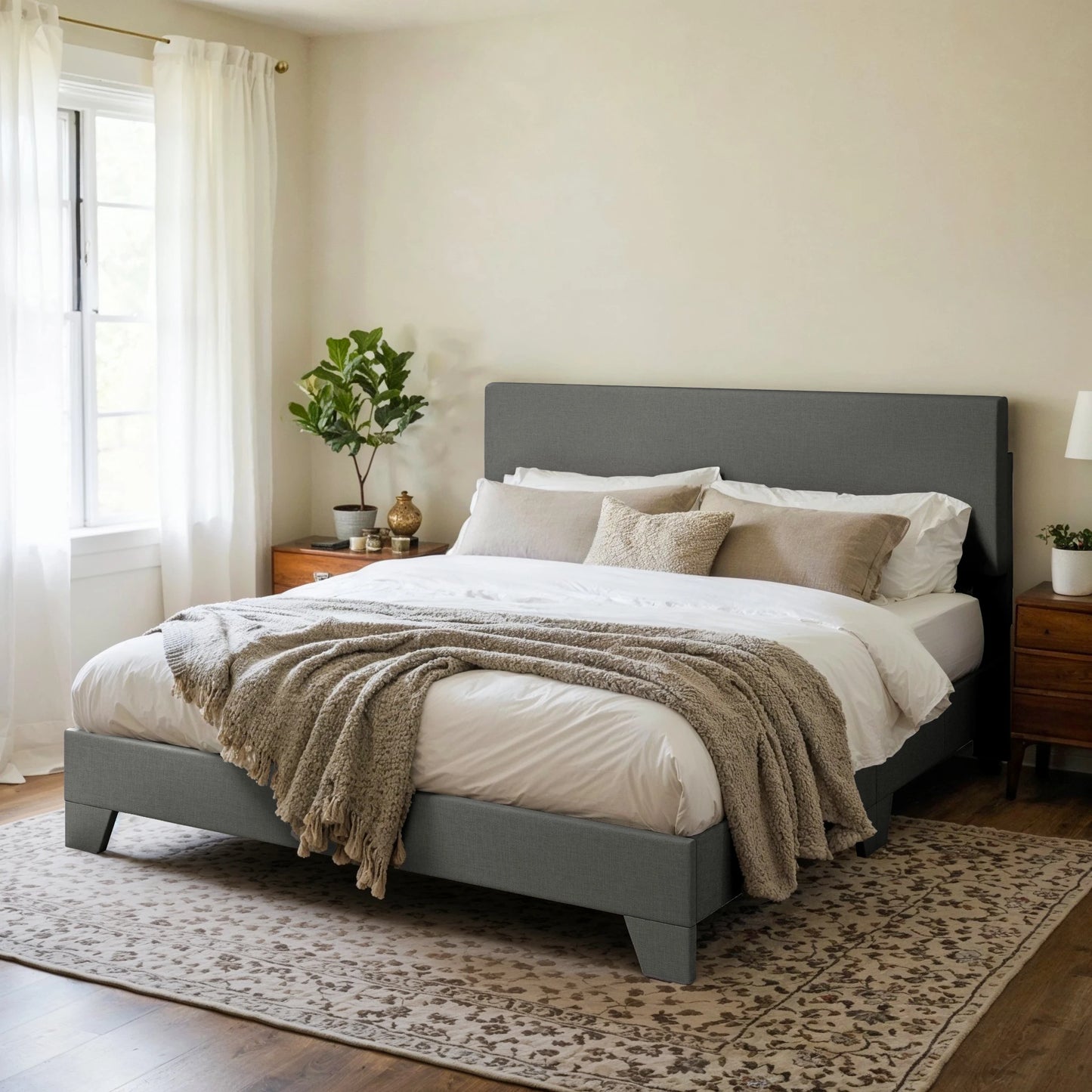 Upholstered Bed Frame, Adjustable Headboard