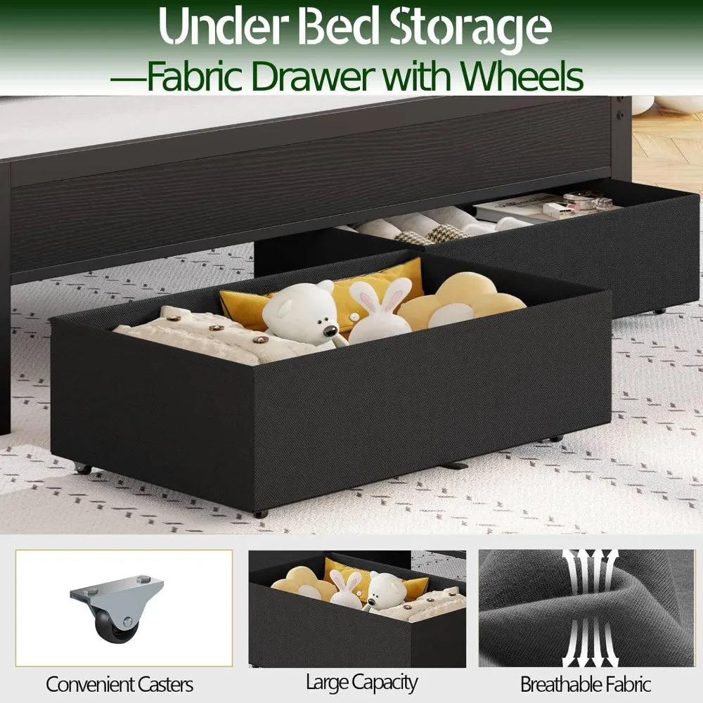Bed Frame, Upholstered Headboard, Drawers