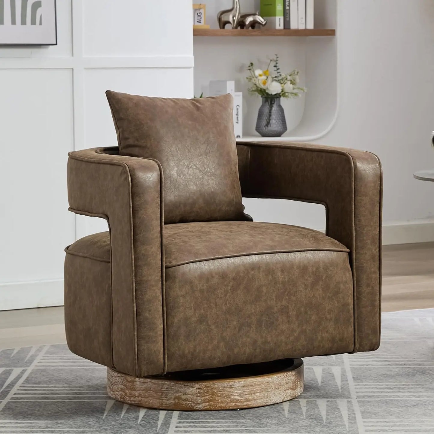 Upholstered Swivel Barrel Chair with Pillow