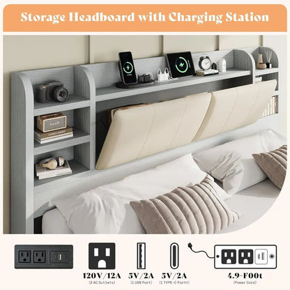 King Upholstered Bed Frame, Headboard, 4 Drawers