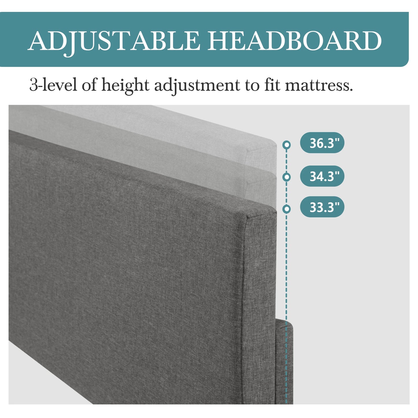 Upholstered Bed Frame, Adjustable Headboard