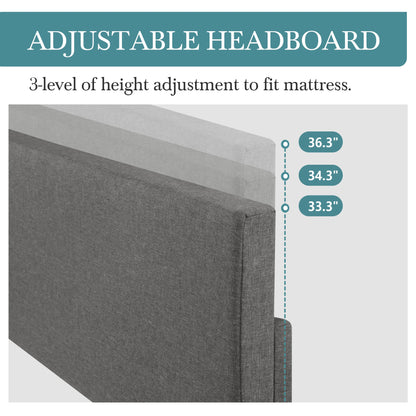 Upholstered Bed Frame, Adjustable Headboard