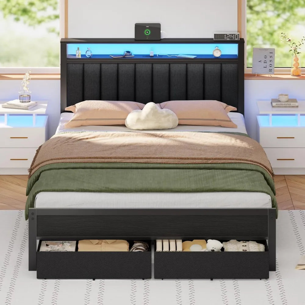 Bed Frame, Upholstered Headboard, Drawers
