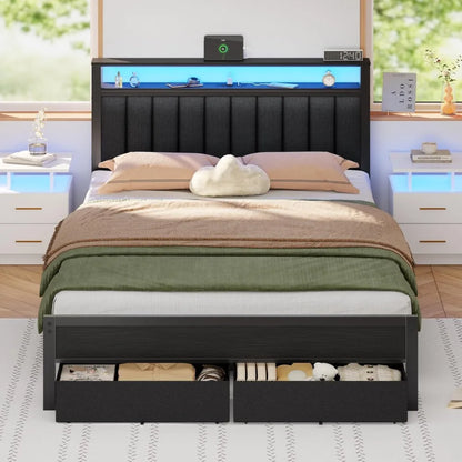 Bed Frame, Upholstered Headboard, Drawers