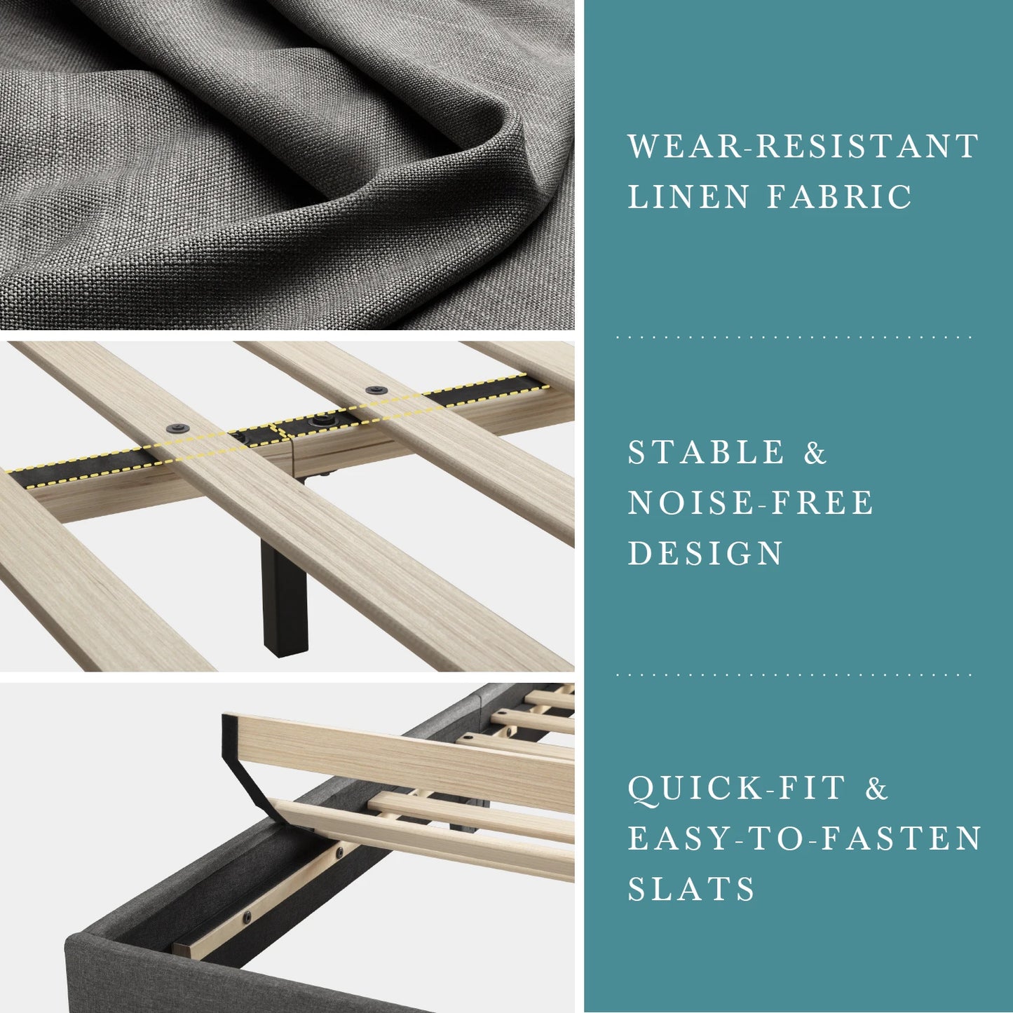 Upholstered Bed Frame, Adjustable Headboard