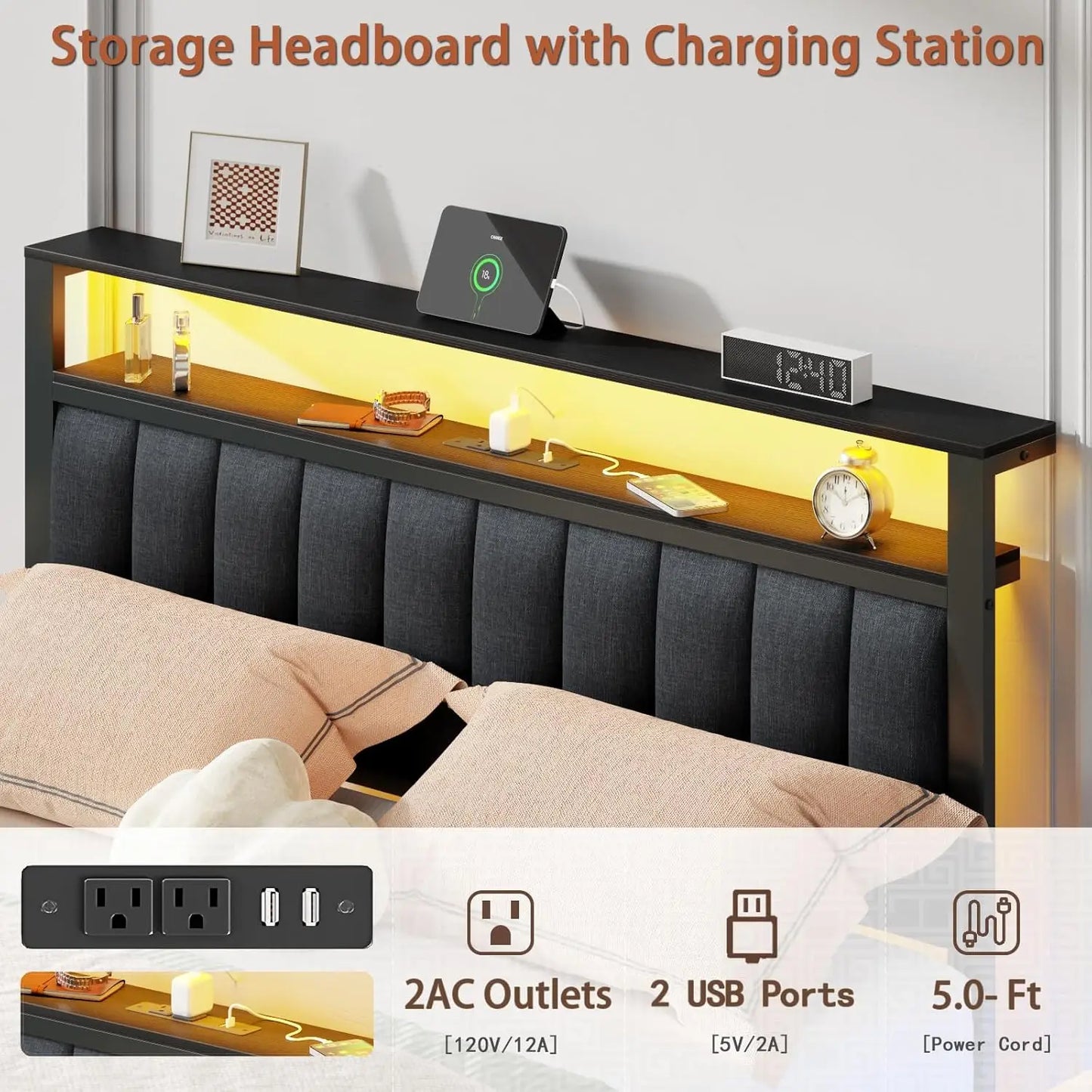 Bed Frame, Upholstered Headboard, Drawers
