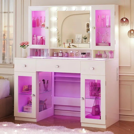 Vanity Desk, Mirror, Lights, Glass Top