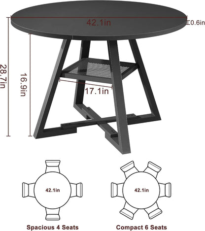 42-Inch Round Dining Table, Storage Shelf, Black