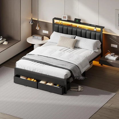 Bed Frame, Upholstered Headboard, Drawers