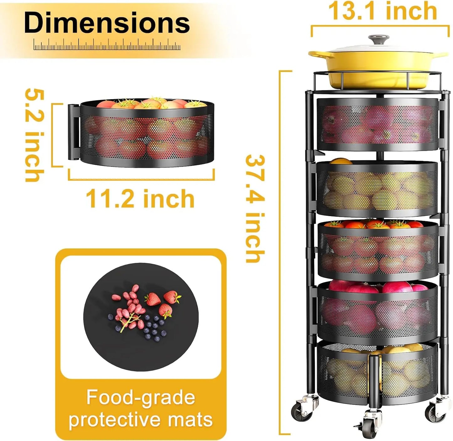 5-Tier Rotating Kitchen Storage Rack with Wheels