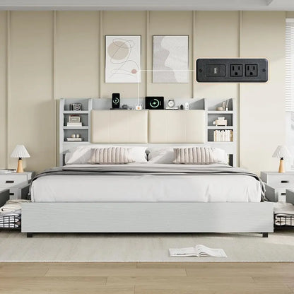 King Upholstered Bed Frame, Headboard, 4 Drawers
