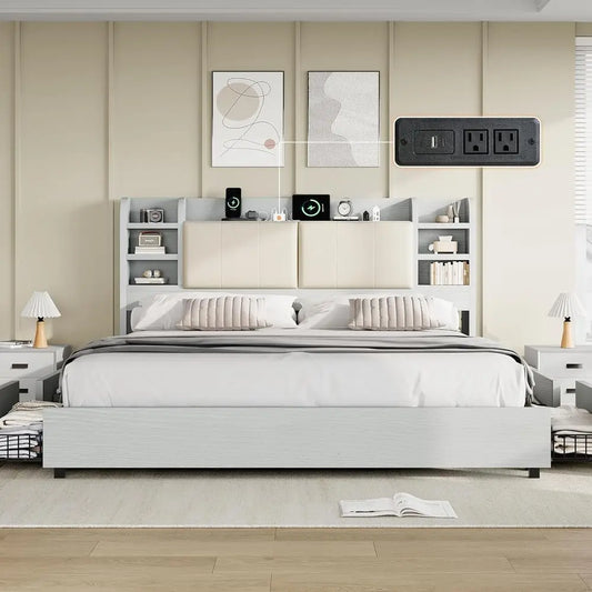 King Upholstered Bed Frame, Headboard, 4 Drawers