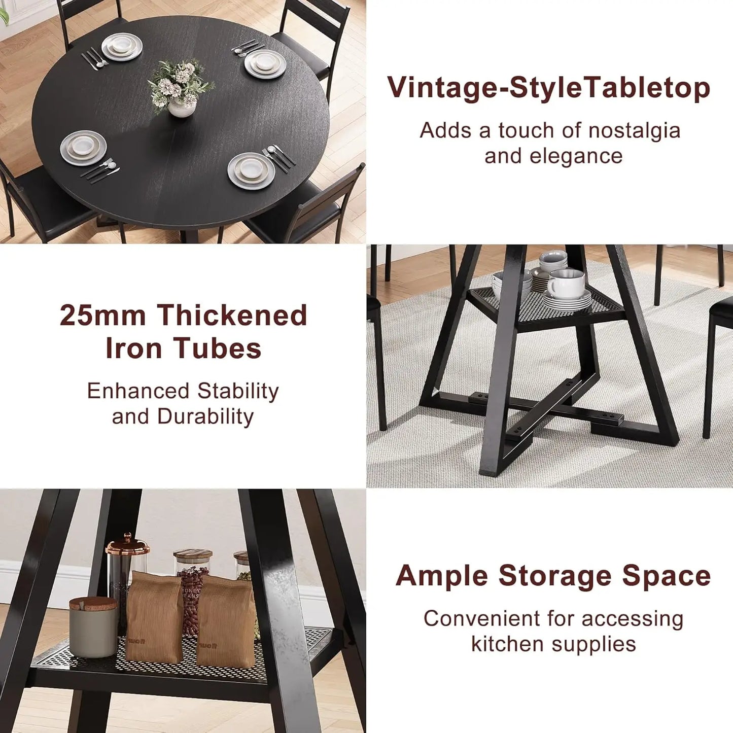42-Inch Round Dining Table, Storage Shelf, Black