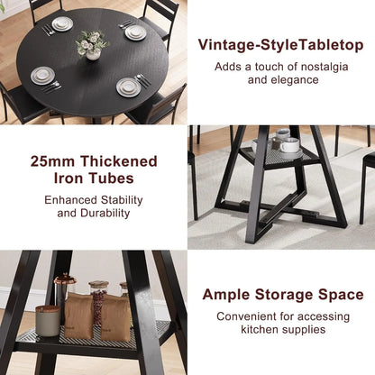 42-Inch Round Dining Table, Storage Shelf, Black